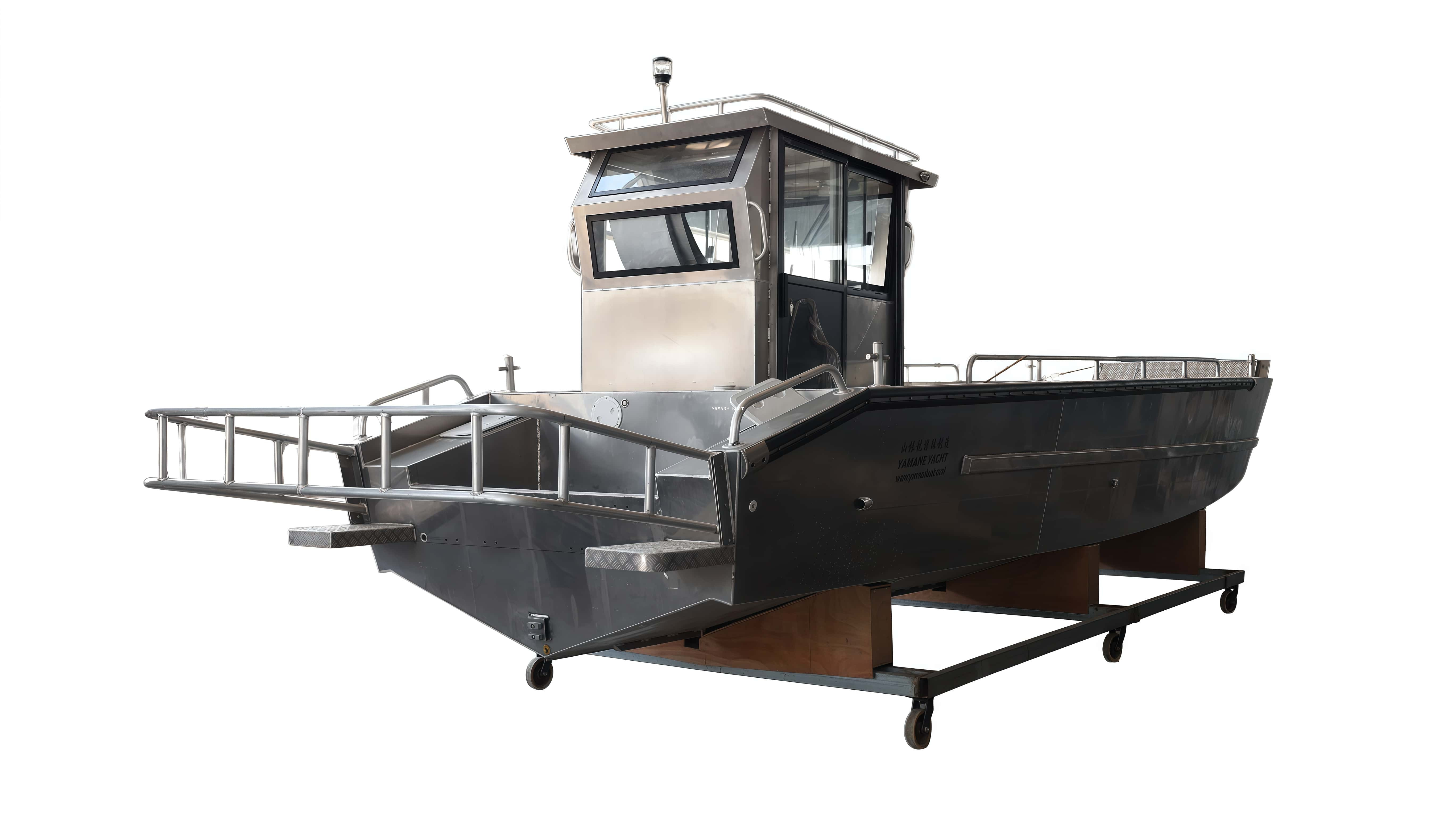 Barco de desembarco de aluminio soldado con autógena de 33 pies con caseta de ruedas y asientos tipo banco largos plegables 