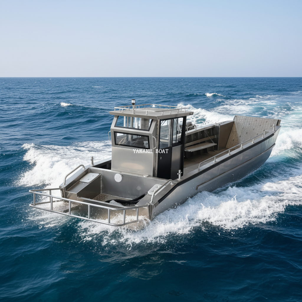 Barco de desembarco de aluminio soldado con autógena de 33 pies con caseta de ruedas y asientos tipo banco largos plegables 